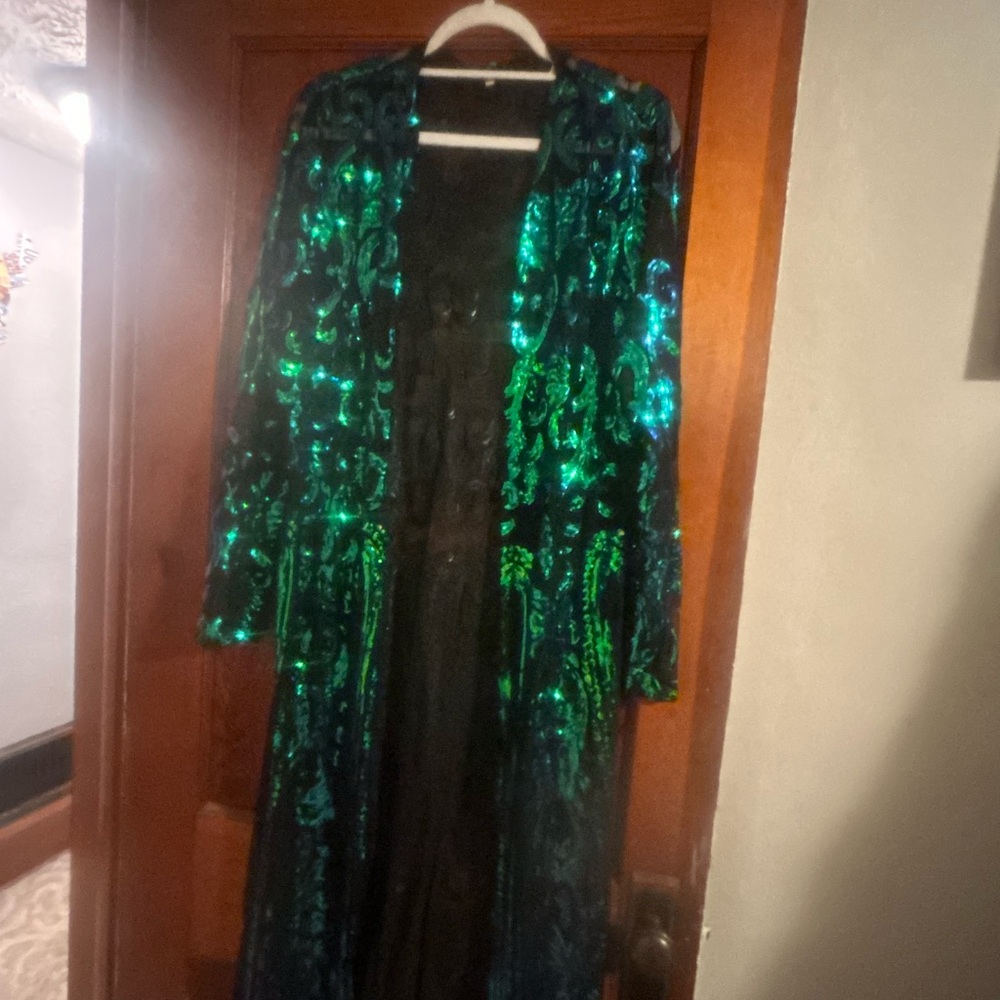 Green and Black Sequin Long Coat